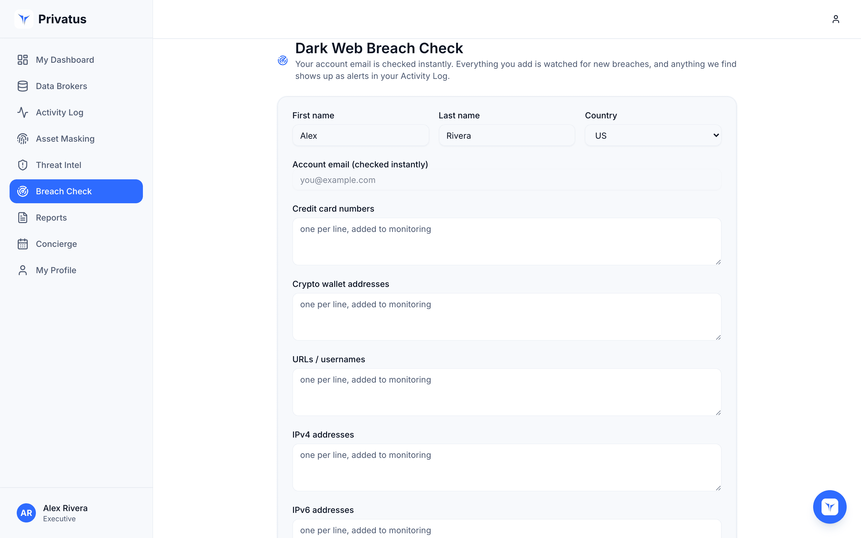 Dark web monitoring in the Privatus app